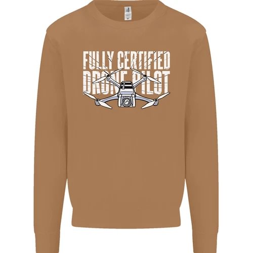 Men's crewneck sweatshirt in tan brown with drone pilot graphic on chest