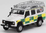 White and green rescue Land Rover Defender 110 diecast model with roof rack, red cross