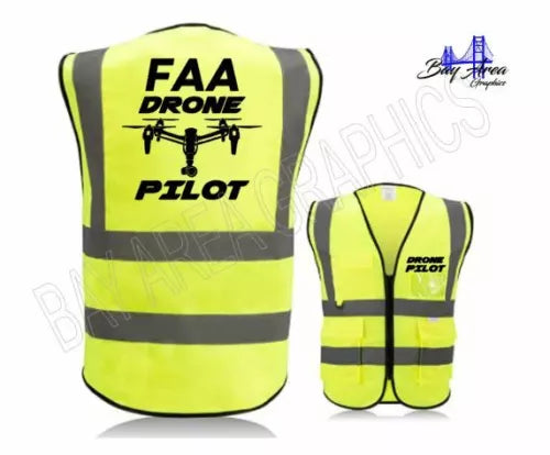 High-visibility yellow safety vest with reflective gray stripes and front pockets
