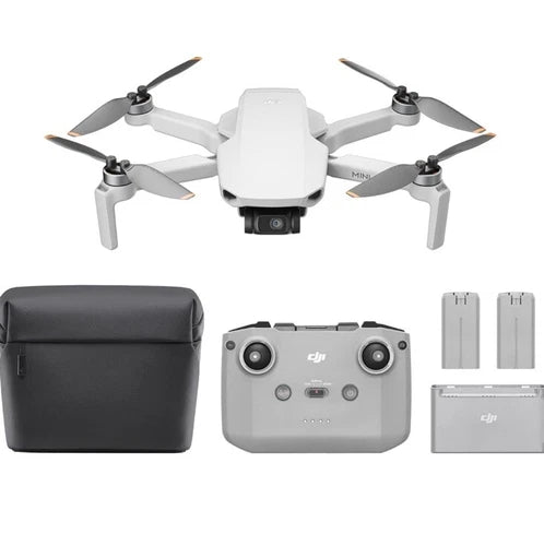 Foldable quadcopter drone with camera gimbal, plus controller, batteries, and carrying case.