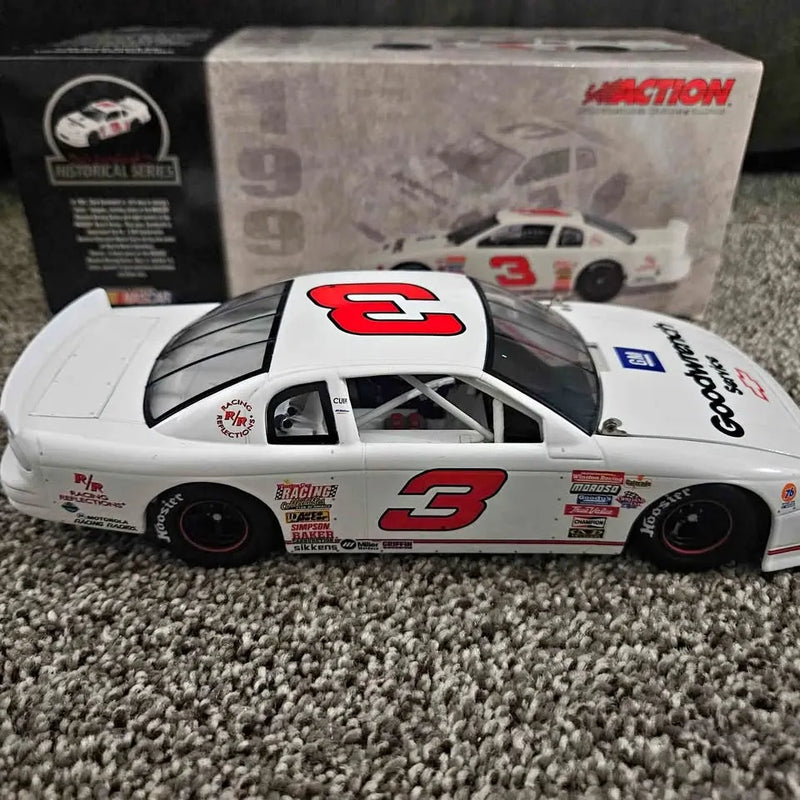 White die-cast stock car with red #3 and black racing decals, front 3/4 view