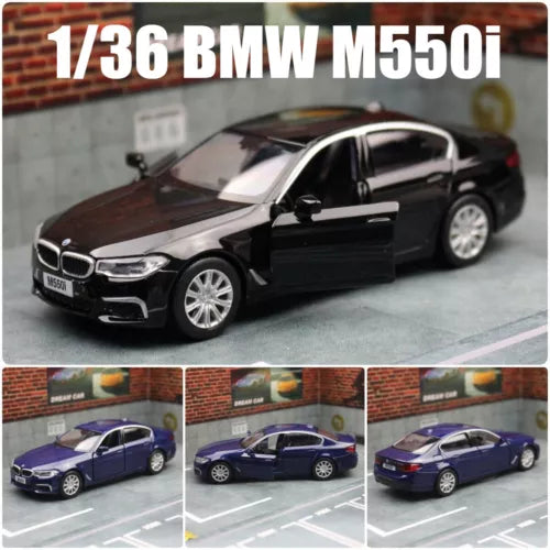 1:36 BMW M550i diecast toy car, black sedan with open doors and silver wheels