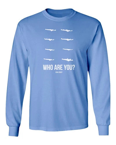 Light blue long sleeve T-shirt with drone graphic and "Who Are You?" text