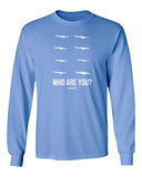 Light blue long sleeve T-shirt with drone graphic and "Who Are You?" text