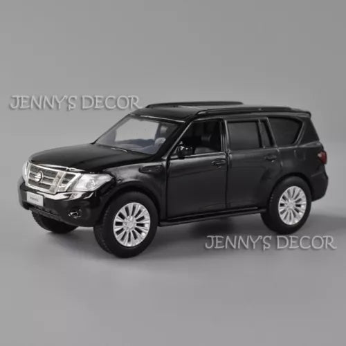 Diecast pull-back SUV toy car, black, front three-quarter view