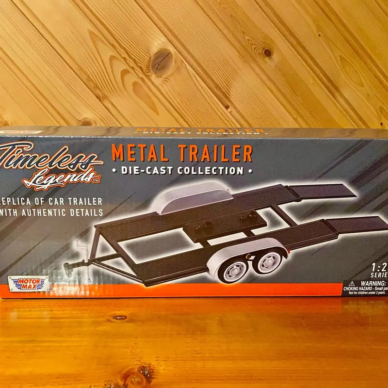 Metal die-cast car trailer in box, 1:24 scale with wheels and transport platform
