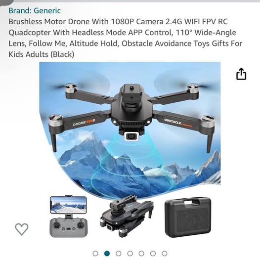 Black quadcopter drone with camera, four propellers, remote controller and storage case