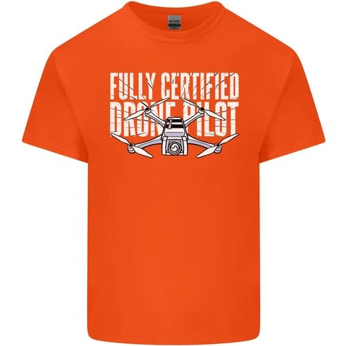 Men's orange cotton T-shirt with front drone logo and text graphic