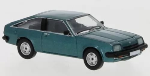 Teal green 1980 Opel Manta B diecast model car, front 3/4 view, white wheels