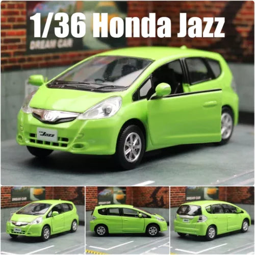 Diecast Honda Jazz car model in lime green, front and side view with clear headlights