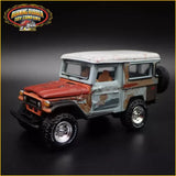 Diecast Toyota Land Cruiser FJ40 model car, red hood and light blue body, front view