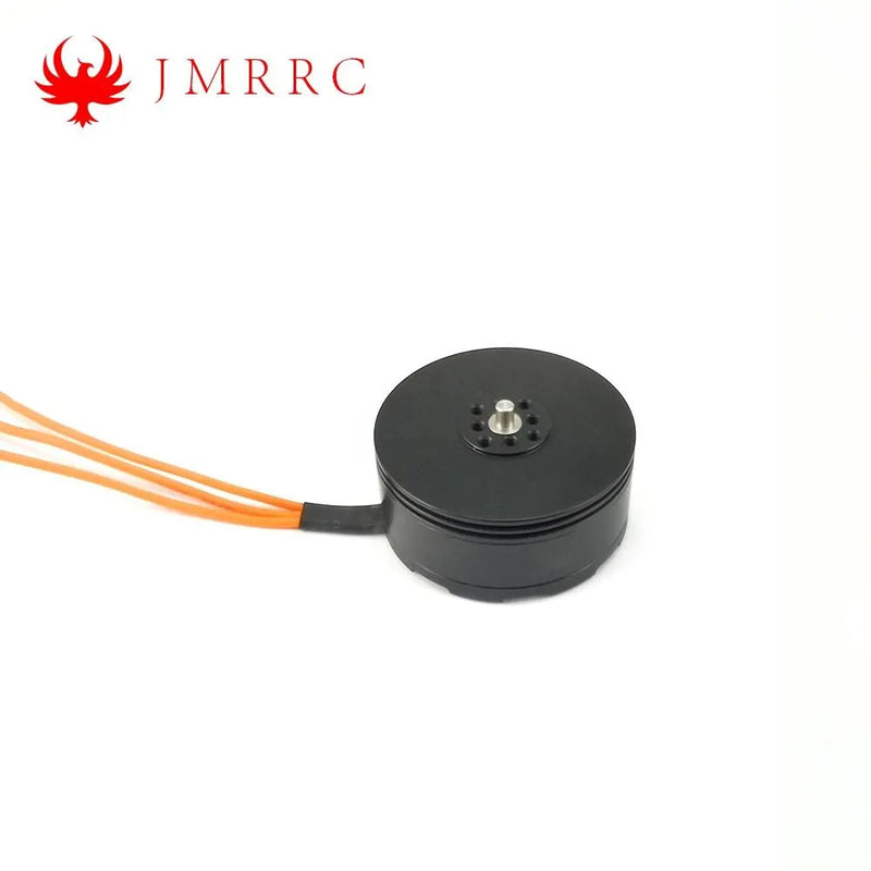 Black brushless RC motor with wire leads and circular connector on top
