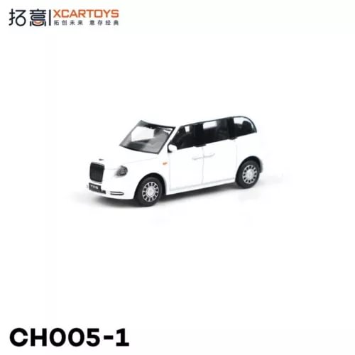 White diecast toy car model with black roof, 1/64 scale, front-side view