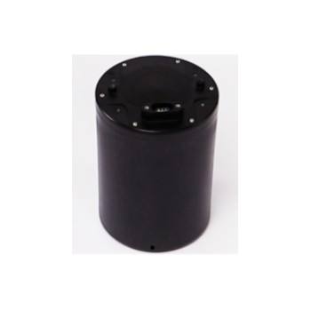 Cylindrical black drone accessory with top mounting plate and connector