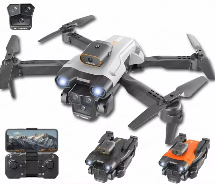CAMORO M12 quadcopter drone with front camera and four propellers, remote control included
