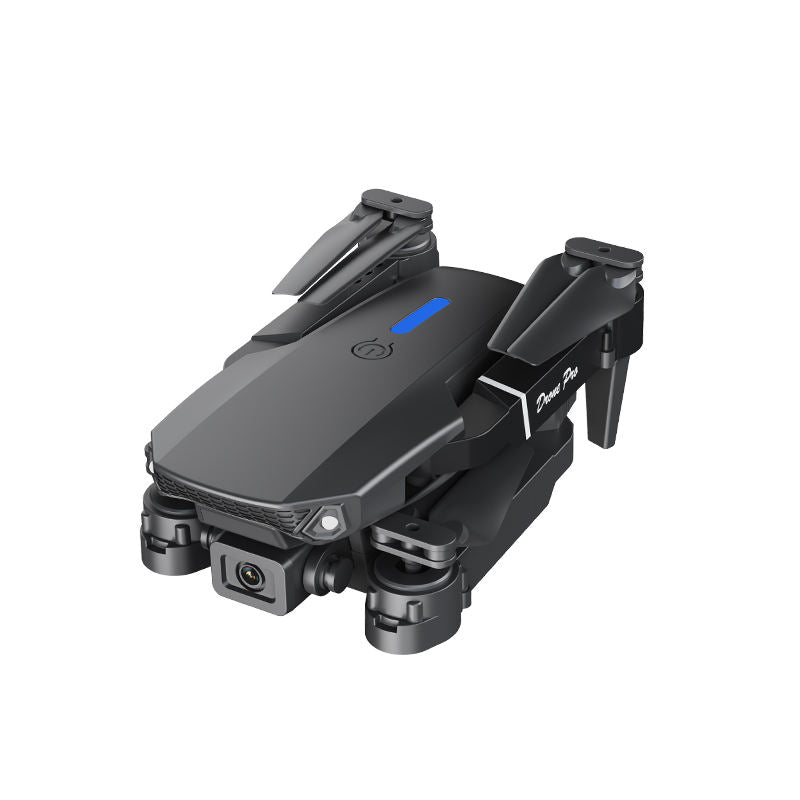 Foldable quadcopter drone with dual cameras, dark gray body