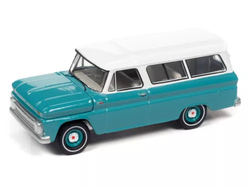 Turquoise 1:64 diecast station wagon with white roof, side view, classic wheels
