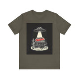 Olive green unisex T-shirt with UFO pizzeria graphic