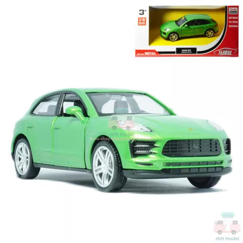 1:36 Porsche Macan S diecast model car, green alloy toy vehicle in front view