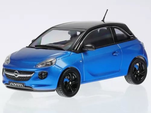 Blue metallic Opel Adam 2018 diecast model car, front 3/4 view with black wheels