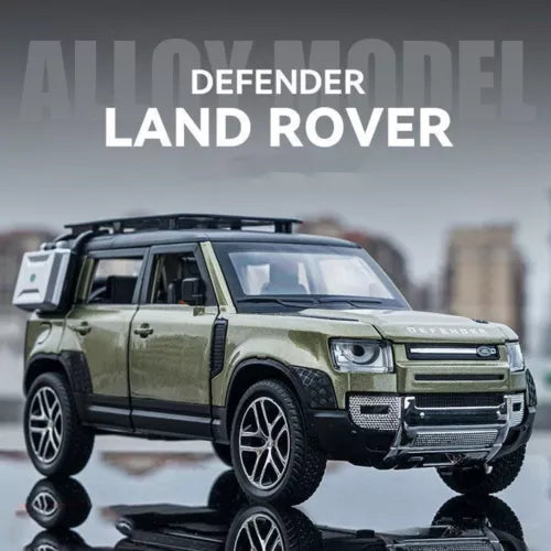 Diecast Land Rover Defender 110 model car, front 3/4, green SUV with grille