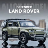 Diecast Land Rover Defender 110 model car, front 3/4, green SUV with grille