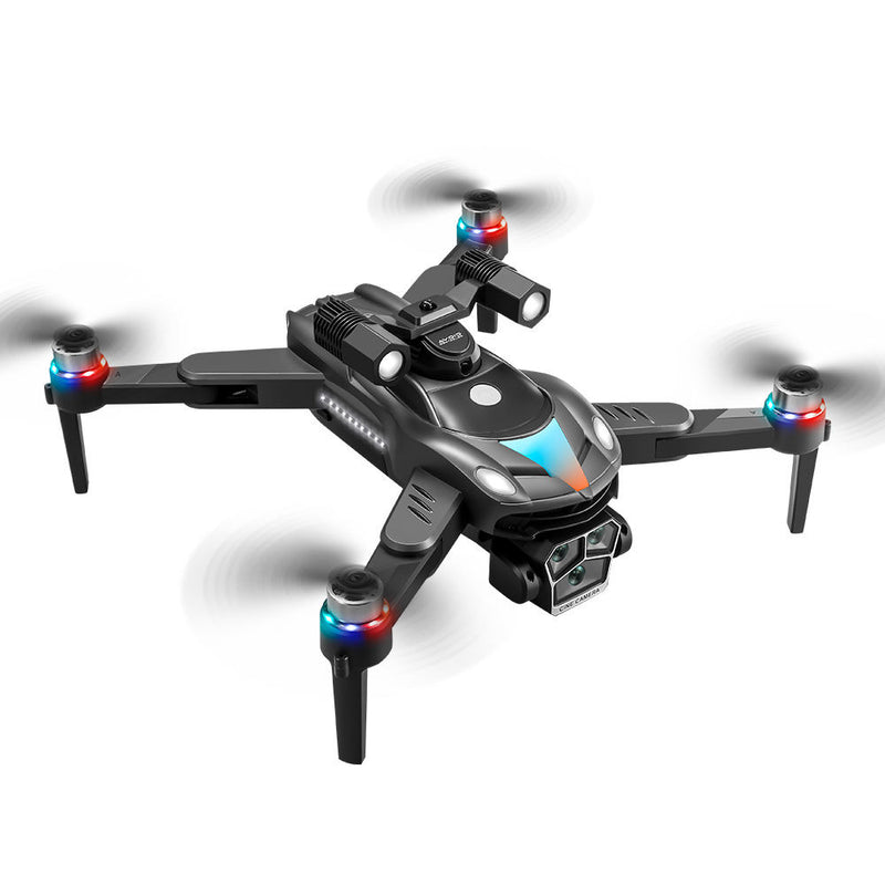 Foldable RC quadcopter drone with four rotors and LED lights, front camera module