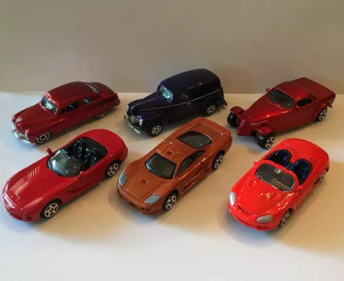 Diecast model car set with six toy cars in red, orange, and dark blue