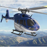 Blue and white RC toy helicopter with single main rotor, landing skids, and tail rotor