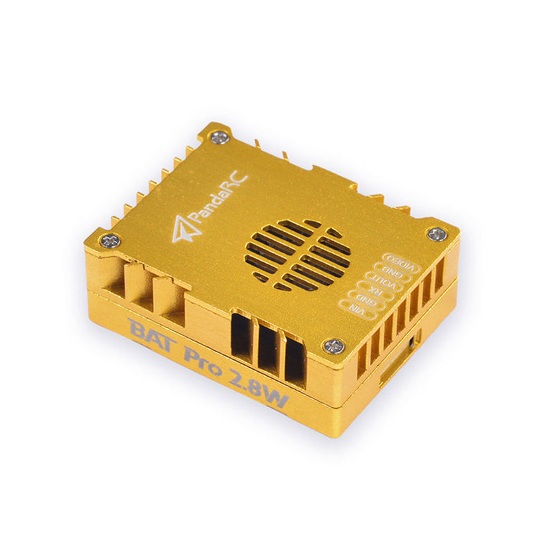 PandaRC VT5804 VTX video transmitter module with heatsink and vents, gold enclosure