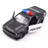 Diecast police car model in dark gray with light bar, white POLICE side stripe
