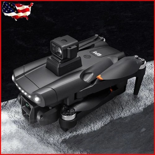Gray GPS drone with dual front camera and avoidance sensors, foldable arms.