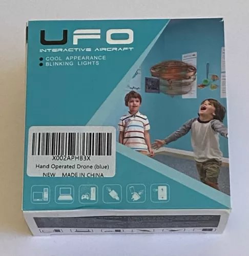 Blue hand-operated UFO interactive drone retail box