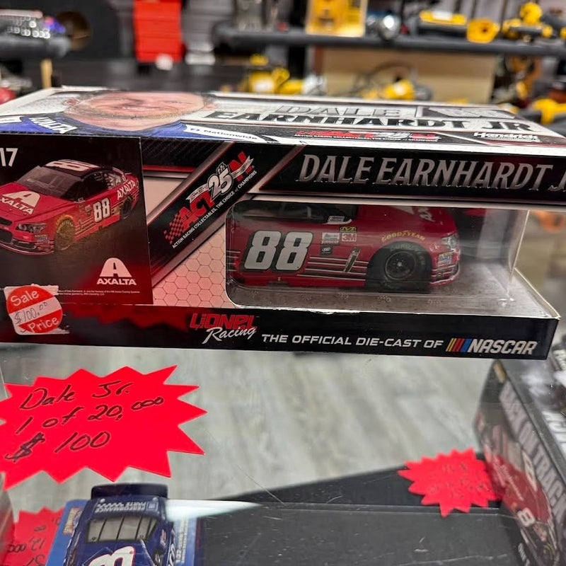 Red #88 NASCAR die-cast race car in clear display box with Dale Earnhardt Jr. graphics