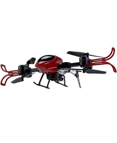 RC folding drone with red and black body, foldable propellers and front camera mount