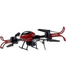 RC folding drone with red and black body, foldable propellers and front camera mount