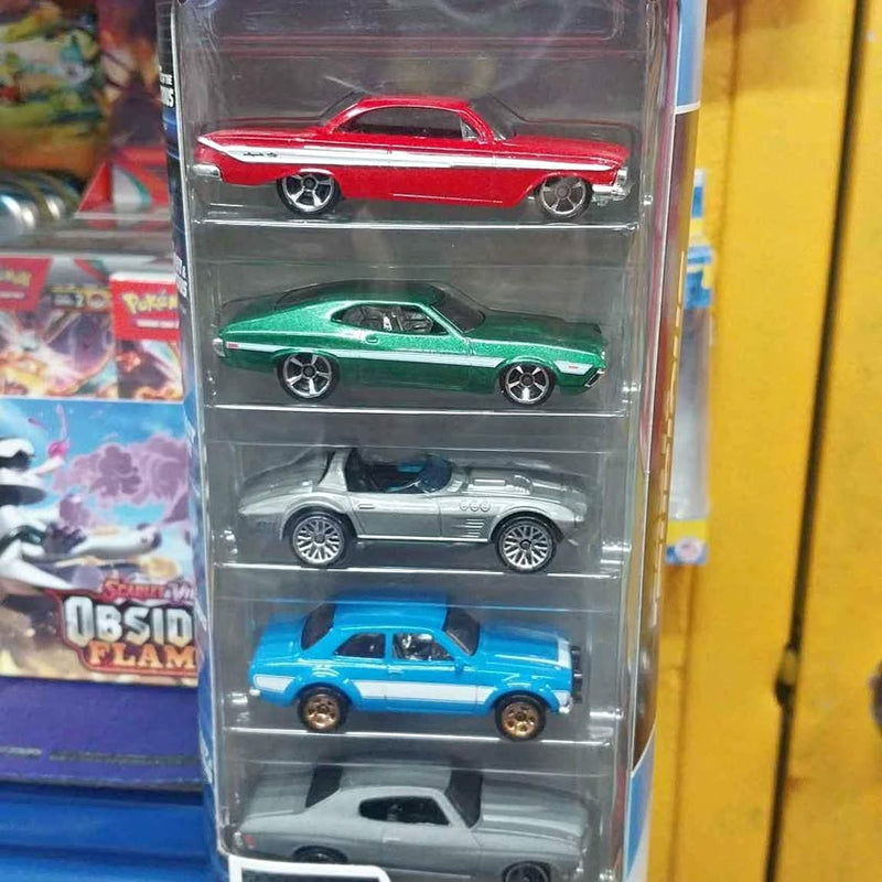 Diecast car set in clear display with five cars: red, green, silver, blue, dark.