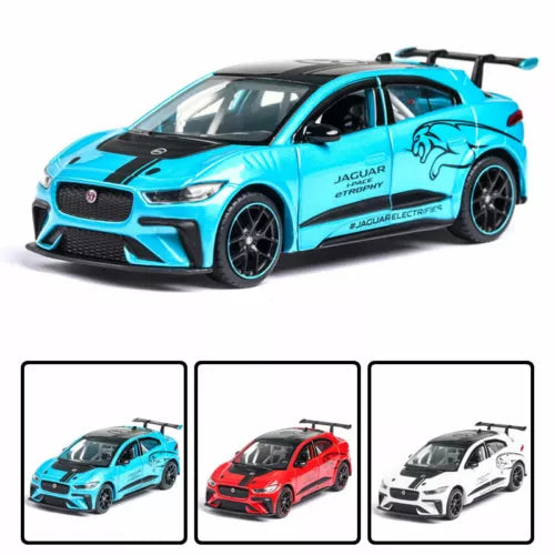 Jaguar I-Pace diecast model car, turquoise with racing decals and black wheels