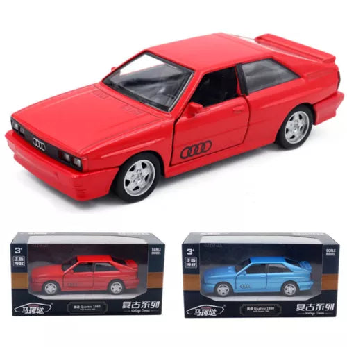 1:36 scale diecast Audi Quattro toy car, red, with doors open and silver wheels