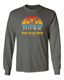 Dark gray long-sleeve T-shirt with retro drone chest graphic, “WHAT DO WE KNOW”