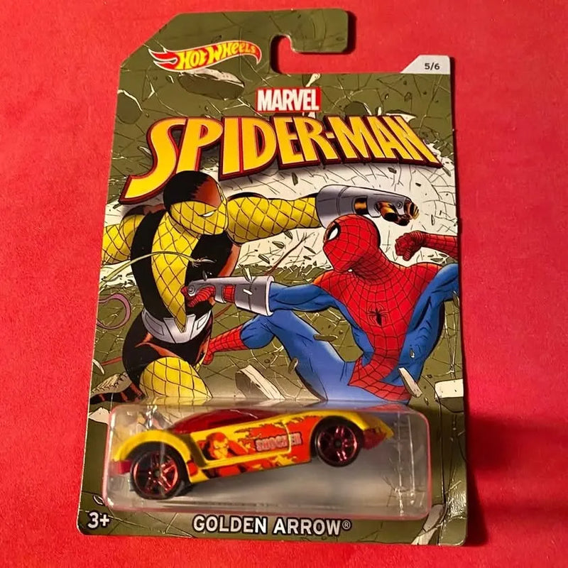 Hot Wheels Marvel Spider-Man Golden Arrow diecast car in sealed blister pack