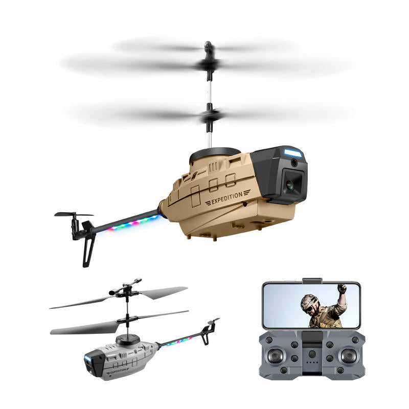 Tan quadcopter drone with front camera, LED lights, and phone controller view