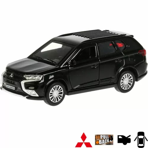 Black Mitsubishi Outlander 1:36 diecast SUV model car with roof rack, front view