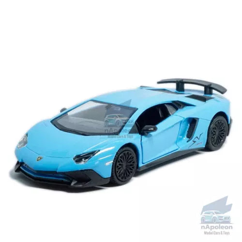 Lamborghini Aventador LP750 SV diecast model car, blue with black wheels and spoiler