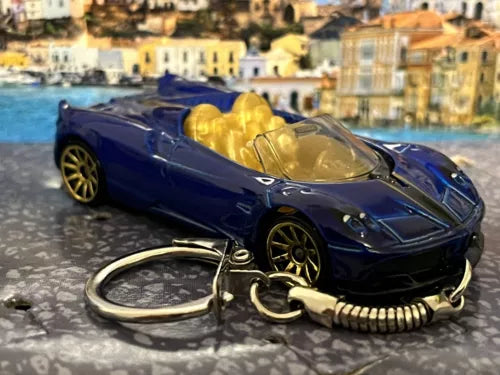 Pagani Huayra Roadster diecast blue keyring, toy car model with gold chain