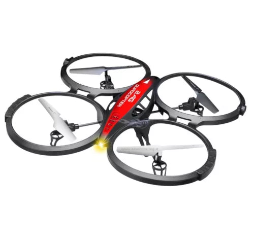 Black quadcopter drone with four white propellers and red center stripe
