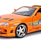 1:24 diecast sports car in orange with black windows and chrome front wheels
