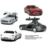 Diecast toy car set of 4, 1:36 Mercedes SLS AMG, with open doors and pull-back action