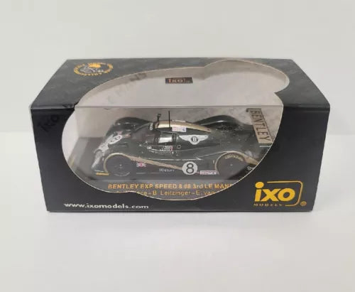 1:43 diecast race car model in box, black and silver Bentley EXP Speed 8.