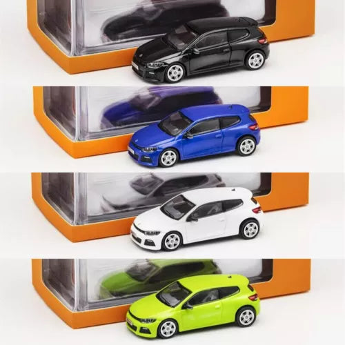 Diecast model car set, four small cars in black, blue, white, and green.